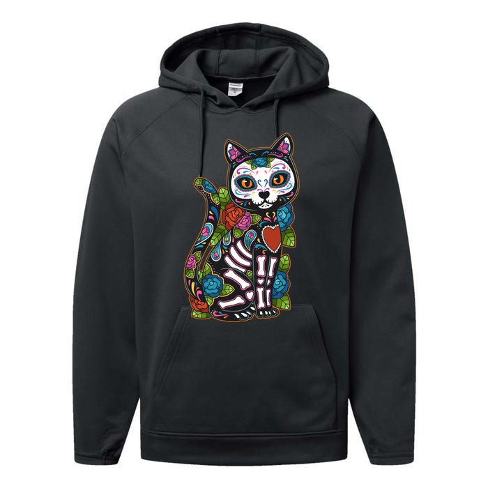 Cat Sugar Skull Mexico Calavera Dia De Los Muertos Halloween Performance Fleece Hoodie