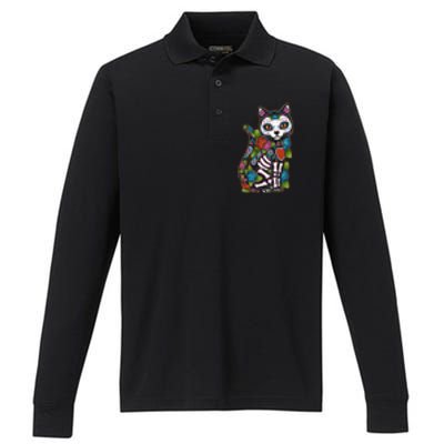 Cat Sugar Skull Mexico Calavera Dia De Los Muertos Halloween Performance Long Sleeve Polo