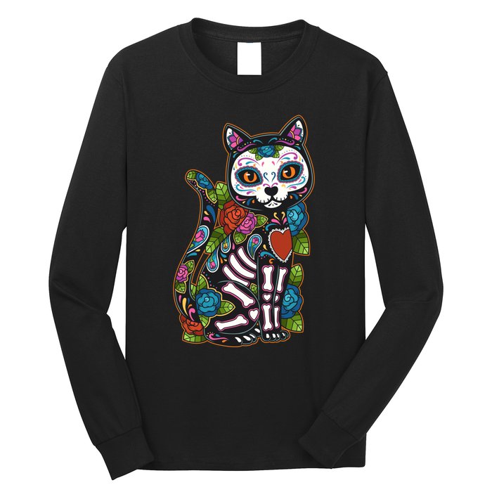 Cat Sugar Skull Mexico Calavera Dia De Los Muertos Halloween Long Sleeve Shirt