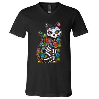 Cat Sugar Skull Mexico Calavera Dia De Los Muertos Halloween V-Neck T-Shirt