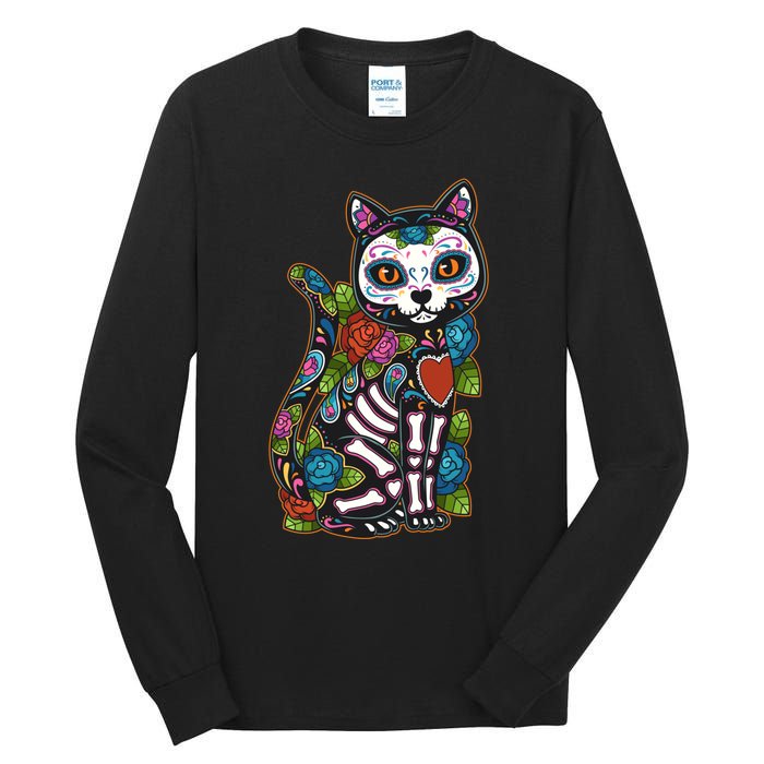 Cat Sugar Skull Mexico Calavera Dia De Los Muertos Halloween Tall Long Sleeve T-Shirt