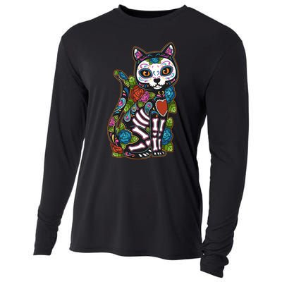 Cat Sugar Skull Mexico Calavera Dia De Los Muertos Halloween Cooling Performance Long Sleeve Crew