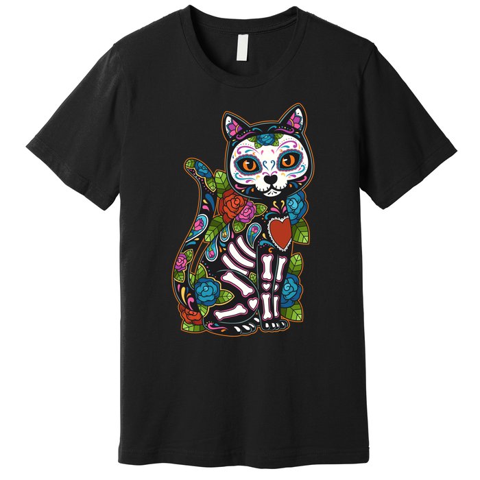 Cat Sugar Skull Mexico Calavera Dia De Los Muertos Halloween Premium T-Shirt