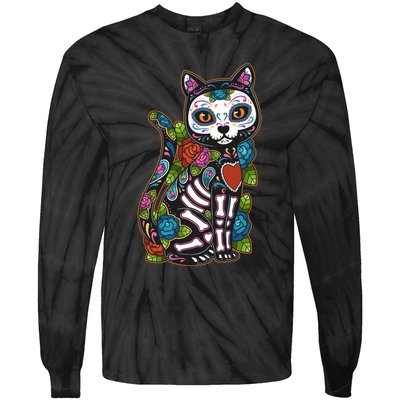 Cat Sugar Skull Mexico Calavera Dia De Los Muertos Halloween Tie-Dye Long Sleeve Shirt