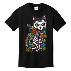 Cat Sugar Skull Mexico Calavera Dia De Los Muertos Halloween Kids T-Shirt