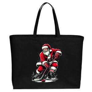 Christmas Sports Santa Plays Ice Hockey Xmas Cotton Canvas Jumbo Tote