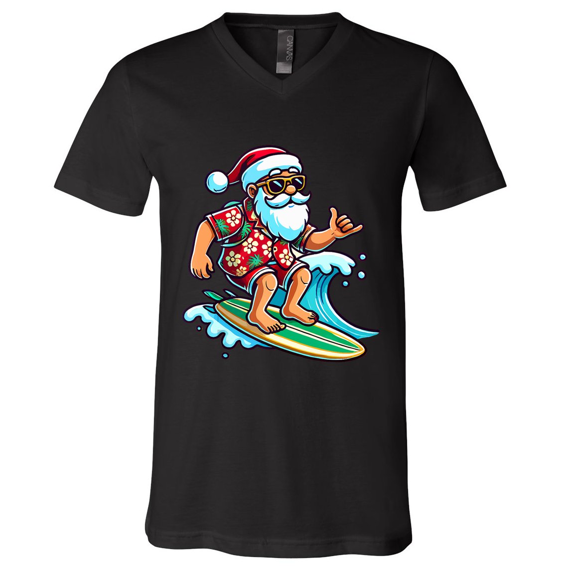 Cool Surfing Santa Christmas In July Summer Beach Party V-Neck T-Shirt