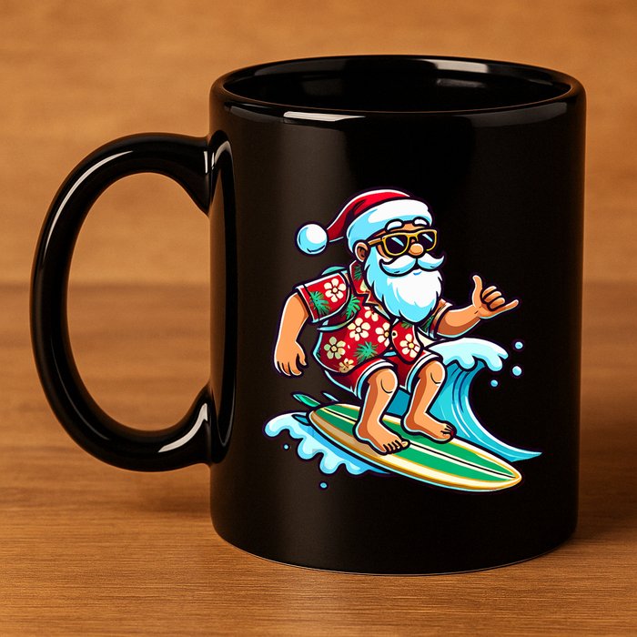 Cool Surfing Santa Christmas In July Summer Beach Party 11oz C Handle Ceramic Mug