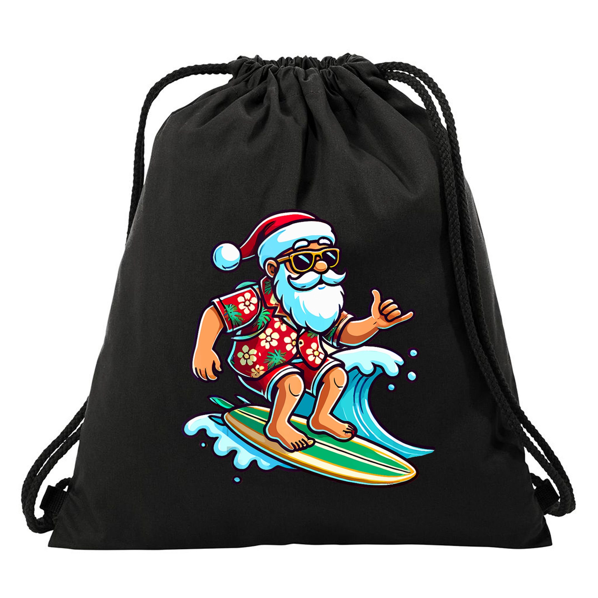 Cool Surfing Santa Christmas In July Summer Beach Party Drawstring Bag