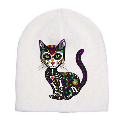 Cute Sugar Skull Mexican Cat Halloween Day Of The Dead Short Acrylic Beanie