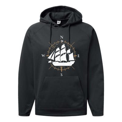 Compass Sailing Ship Boat Sailor Nautic Performance Fleece Hoodie