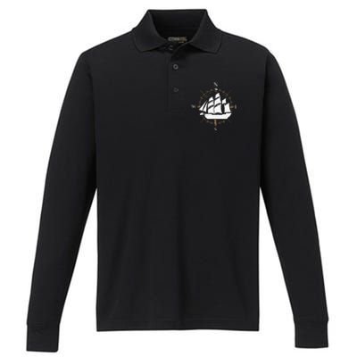 Compass Sailing Ship Boat Sailor Nautic Performance Long Sleeve Polo