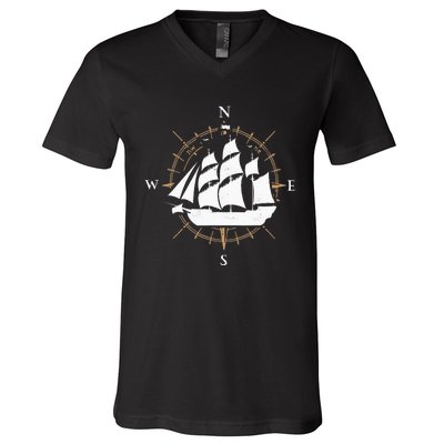 Compass Sailing Ship Boat Sailor Nautic V-Neck T-Shirt