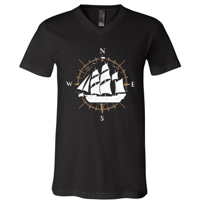 Compass Sailing Ship Boat Sailor Nautic V-Neck T-Shirt