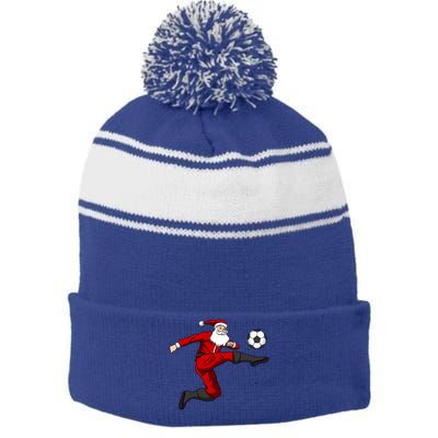 Christmas Soccer Santa Claus Kicking Ball Sport Player Xmas Gift Stripe Pom Pom Beanie