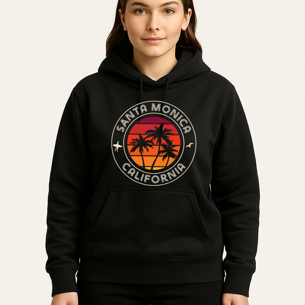 California Sunset Surfer And Seagull Santa Monica Beach Hoodie