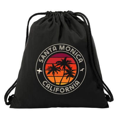 California Sunset Surfer And Seagull Santa Monica Beach Drawstring Bag