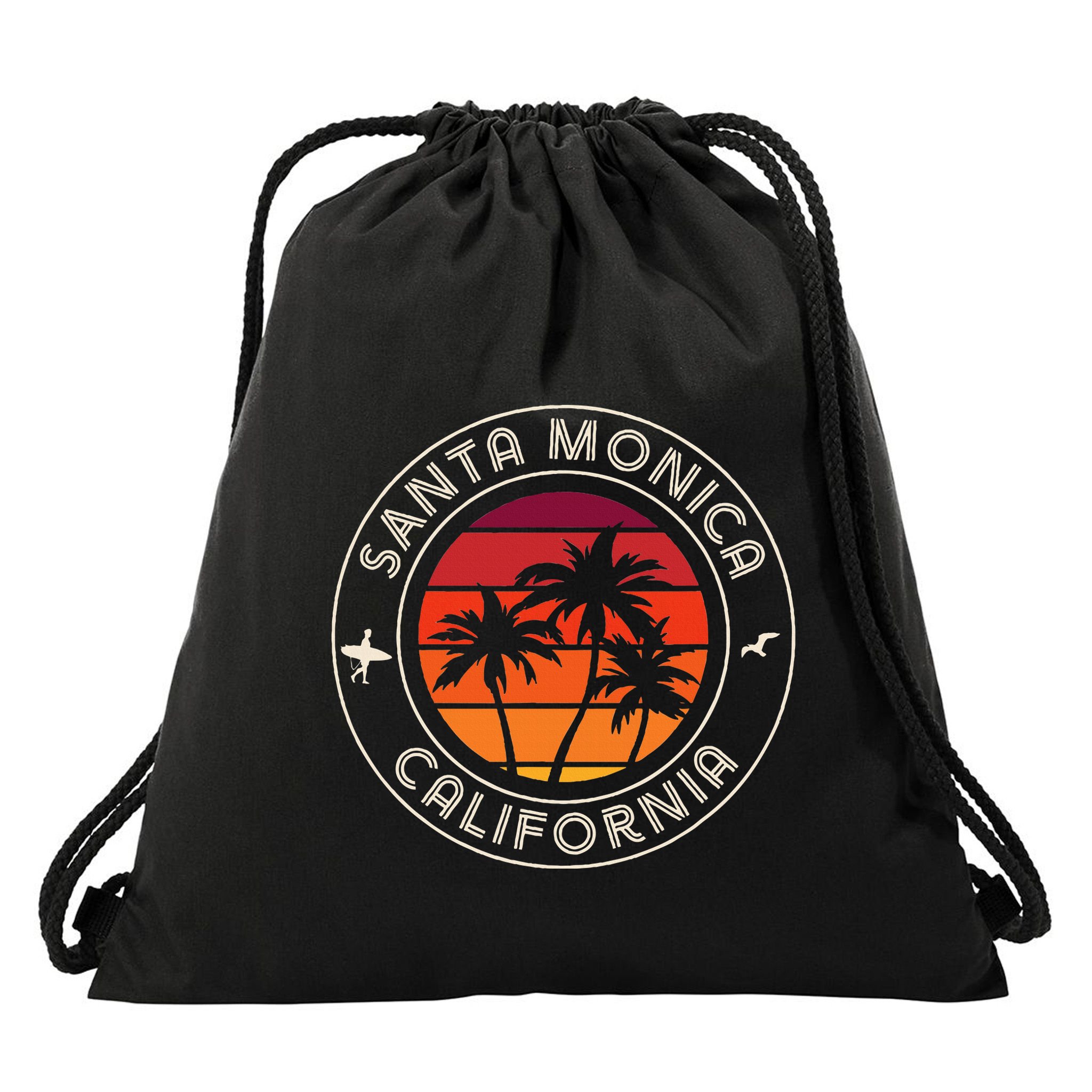 California Sunset Surfer And Seagull Santa Monica Beach Drawstring Bag