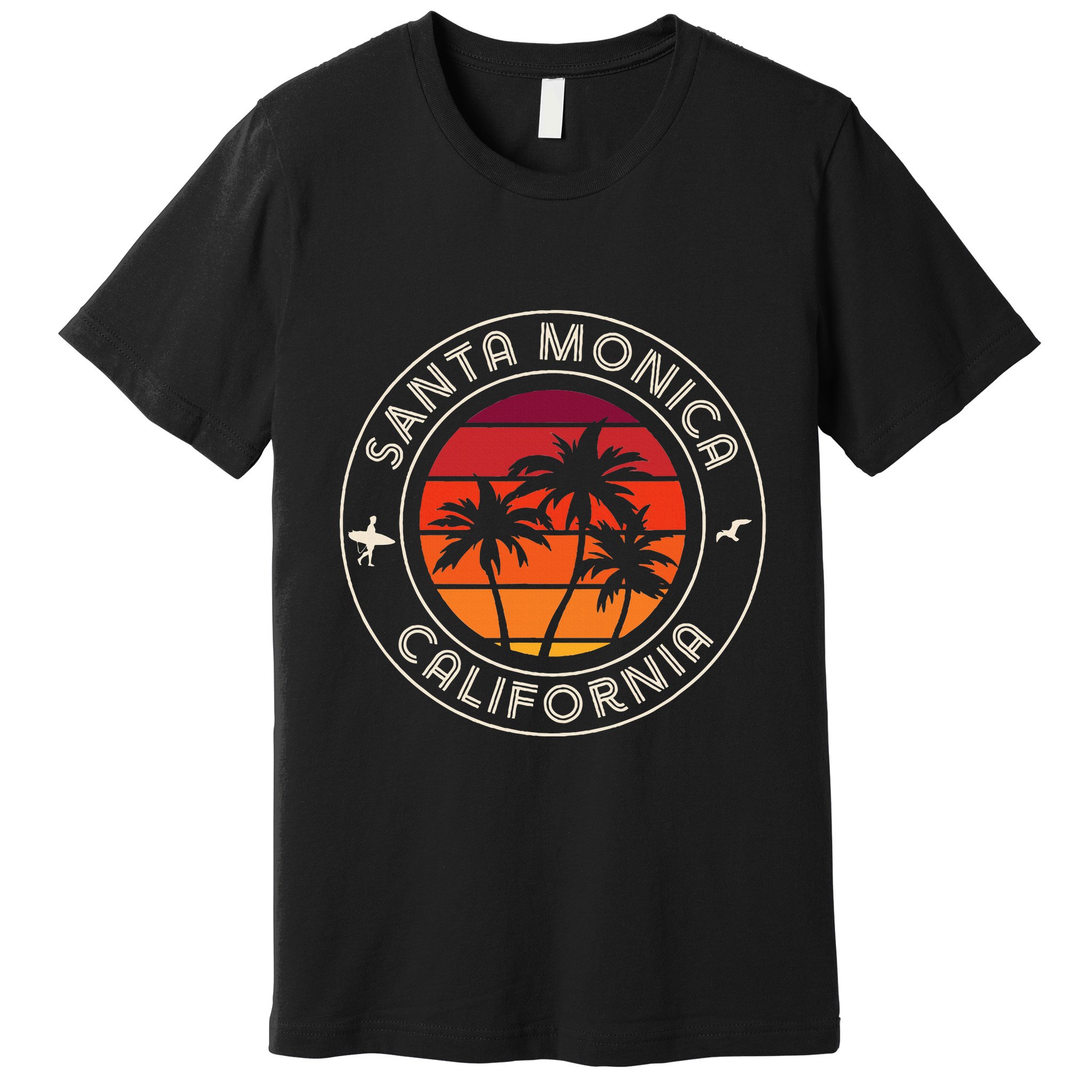 California Sunset Surfer And Seagull Santa Monica Beach Premium T-Shirt
