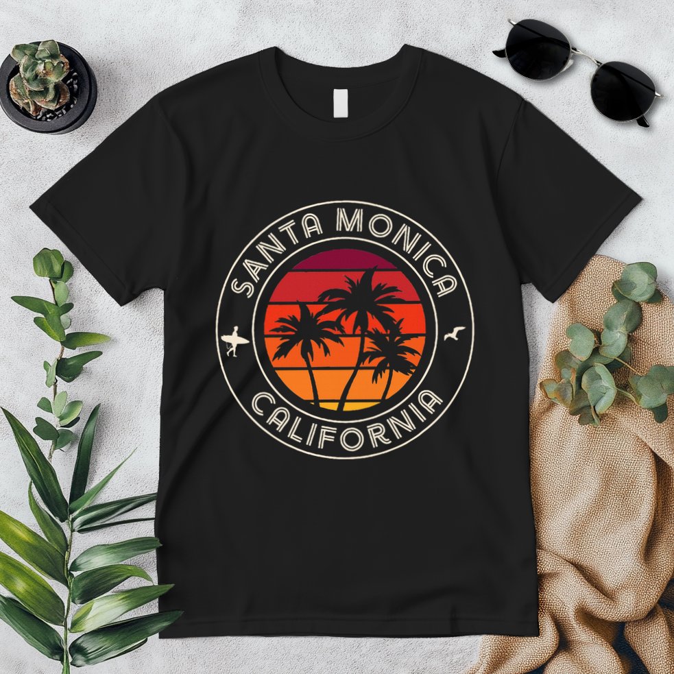 California Sunset Surfer And Seagull Santa Monica Beach Premium T-Shirt