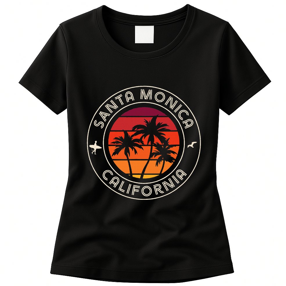 California Sunset Surfer And Seagull Santa Monica Beach Womens T-Shirt