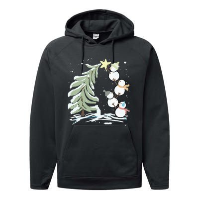 Cute Snowman Stacking Star On The Christmas Tree Performance Fleece Hoodie