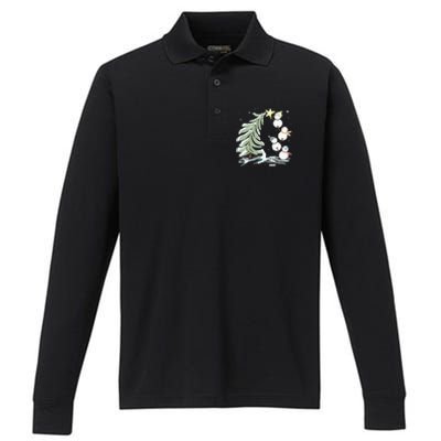 Cute Snowman Stacking Star On The Christmas Tree Performance Long Sleeve Polo