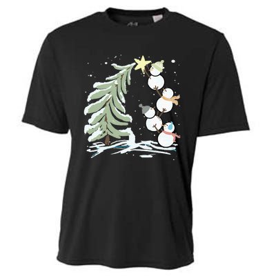 Cute Snowman Stacking Star On The Christmas Tree Cooling Performance Crew T-Shirt