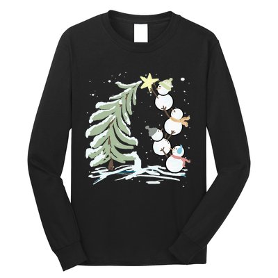 Cute Snowman Stacking Star On The Christmas Tree Long Sleeve Shirt