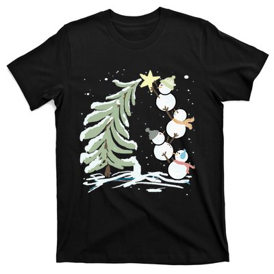 Cute Snowman Stacking Star On The Christmas Tree T-Shirt