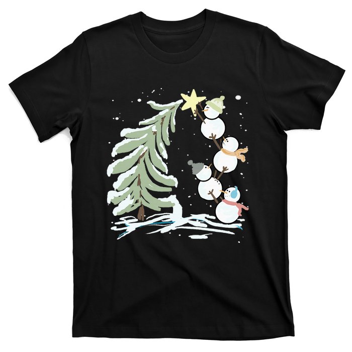 Cute Snowman Stacking Star On The Christmas Tree T-Shirt