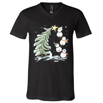 Cute Snowman Stacking Star On The Christmas Tree V-Neck T-Shirt