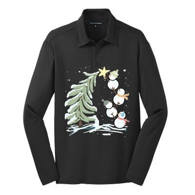 Cute Snowman Stacking Star On The Christmas Tree Silk Touch Performance Long Sleeve Polo