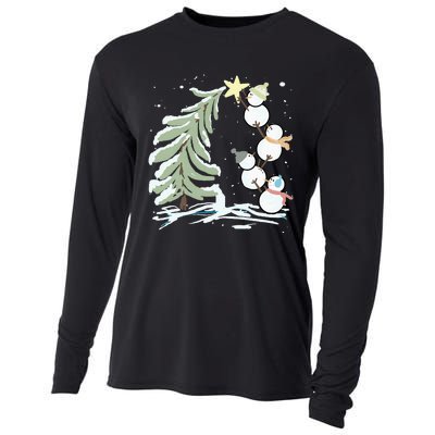 Cute Snowman Stacking Star On The Christmas Tree Cooling Performance Long Sleeve Crew