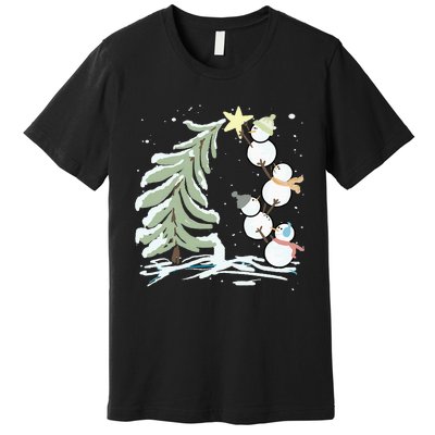 Cute Snowman Stacking Star On The Christmas Tree Premium T-Shirt