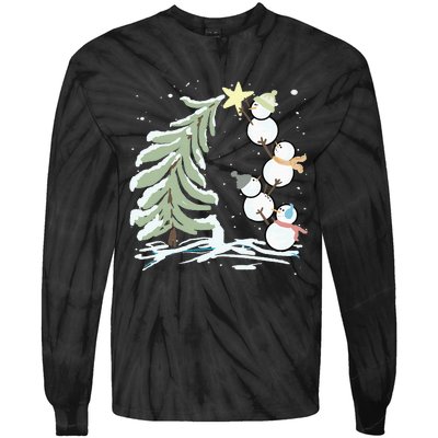 Cute Snowman Stacking Star On The Christmas Tree Tie-Dye Long Sleeve Shirt