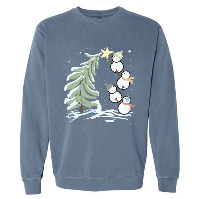 Cute Snowman Stacking Star On The Christmas Tree Garment-Dyed Sweatshirt