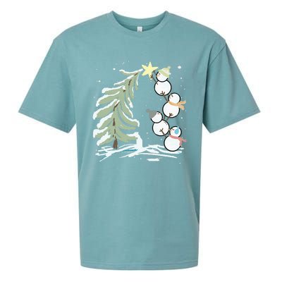 Cute Snowman Stacking Star On The Christmas Tree Sueded Cloud Jersey T-Shirt