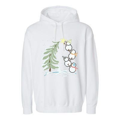 Cute Snowman Stacking Star On The Christmas Tree Garment-Dyed Fleece Hoodie