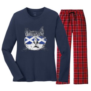 Cat Scottish Scotland Flag Country Retro Funny Women's Long Sleeve Flannel Pajama Set 