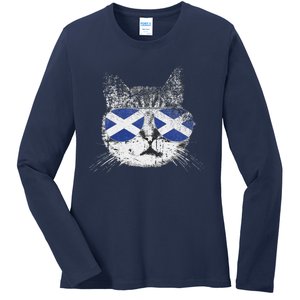 Cat Scottish Scotland Flag Country Retro Funny Ladies Long Sleeve Shirt