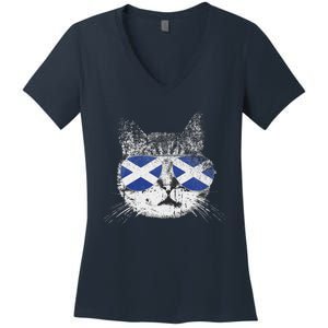 Cat Scottish Scotland Flag Country Retro Funny Women's V-Neck T-Shirt