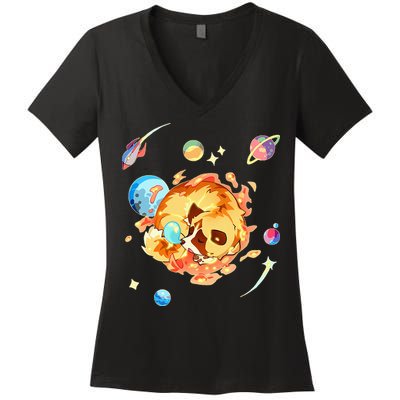 Cute Sleepy Space Akita Dog Graphic Women's V-Neck T-Shirt