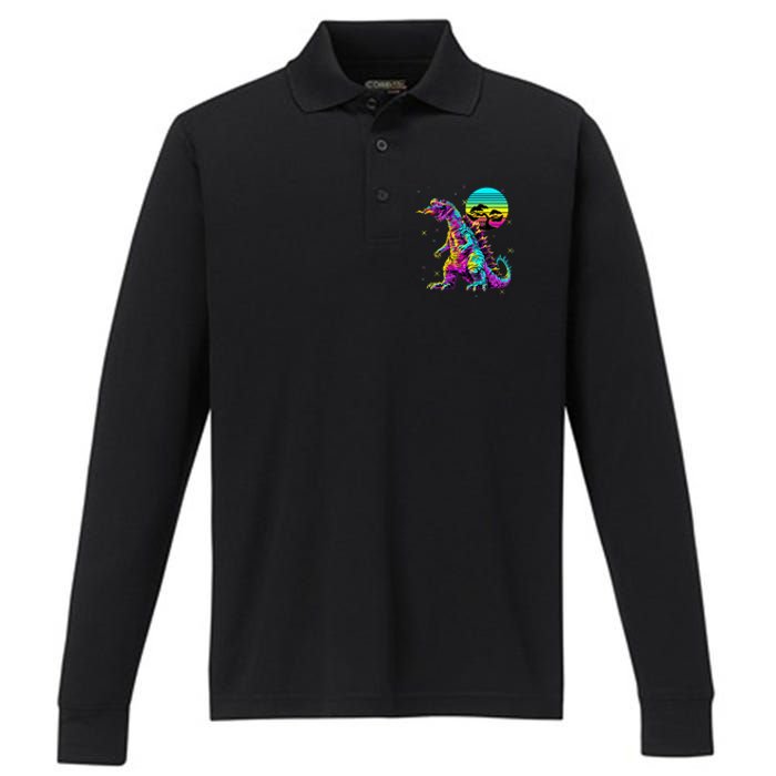 Cool Streetwear Synthwave 80s 90s Retro Anime Snakezilla Performance Long Sleeve Polo