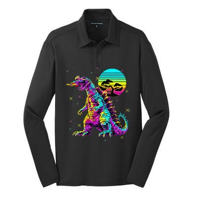 Cool Streetwear Synthwave 80s 90s Retro Anime Snakezilla Silk Touch Performance Long Sleeve Polo