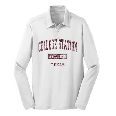 College Station Texas Tx Vintage Athletic Sports Design Silk Touch Performance Long Sleeve Polo