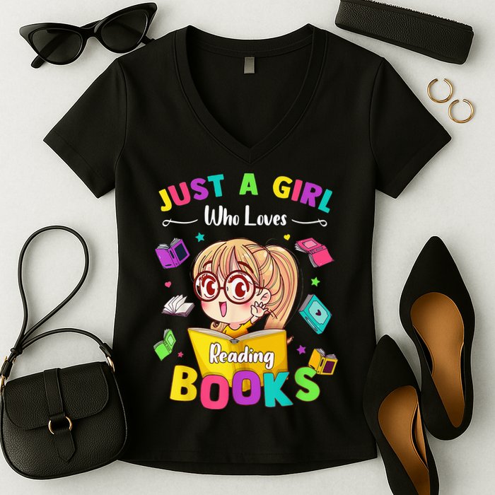 Cute Students Tee Just A  Who Loves Reading Books  Women's V-Neck T-Shirt