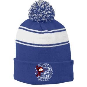 Christmas Snow Tis The Season To Teacher Funny Gift Stripe Pom Pom Beanie