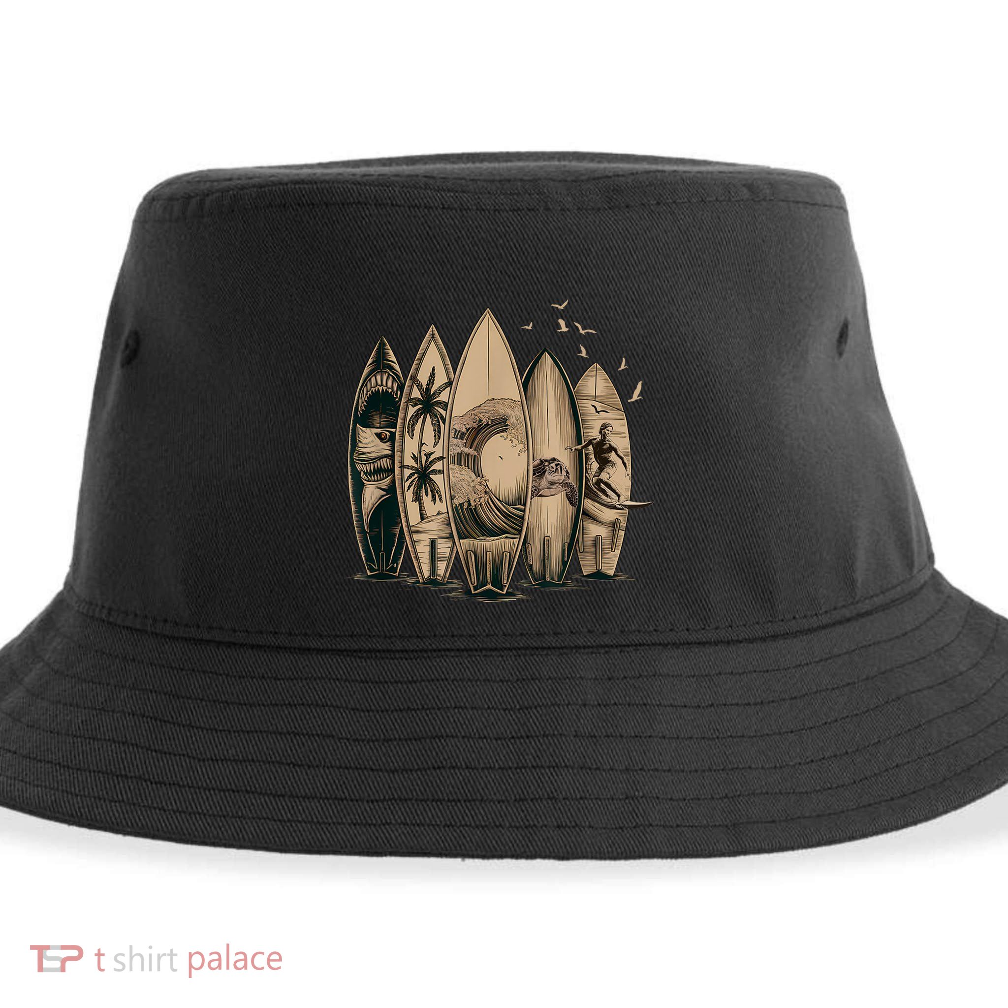 Cool Surfing Tropical Surfboards Vintage Surfboarder Surfer Sustainable Bucket Hat