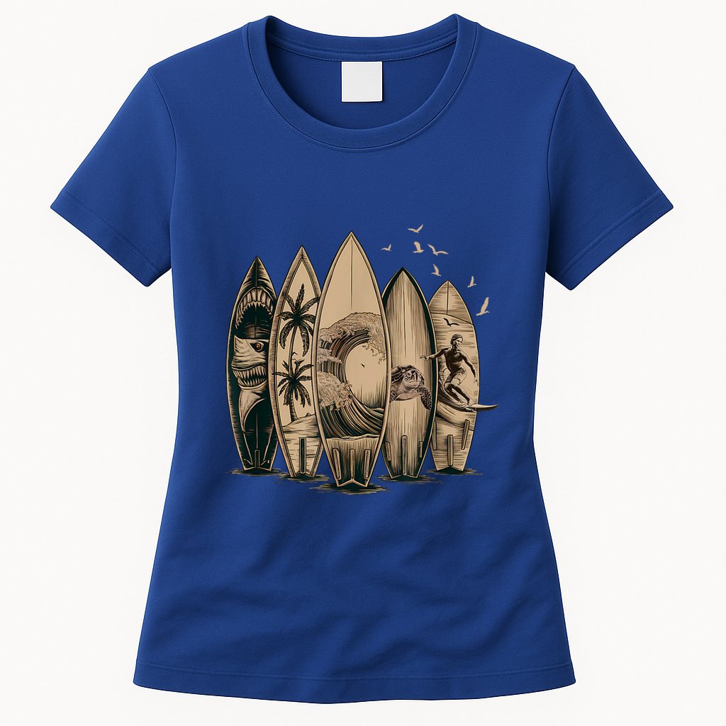 Cool Surfing Tropical Surfboards Vintage Surfboarder Surfer Womens T-Shirt